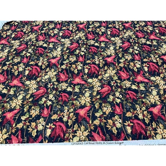 Fabric - Susan Winget  "CARDINAL HOLLY"  Birds, 100% Cotton - 1.50 Yards - NEW - Picture 1 of 14